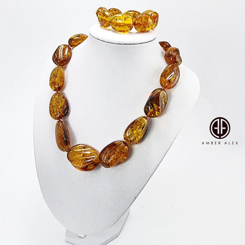 Cognac Amber Big Nugget Beads Necklace