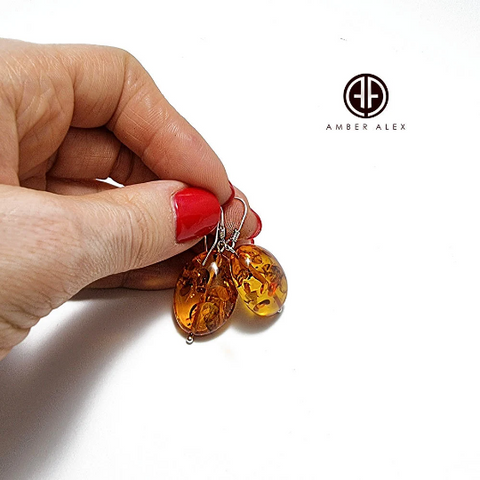 Cognac Amber Nugget Beads Earrings Sterling Silver