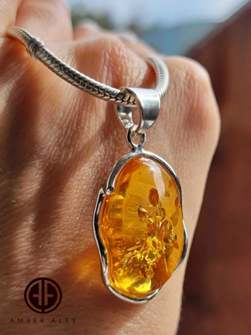 Cognac Amber Free Shape Pendant Sterling Silver