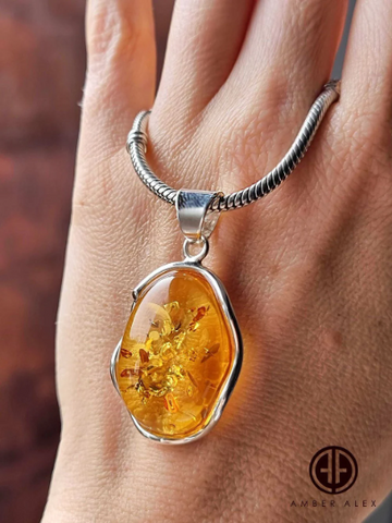 Cognac Amber Free Shape Pendant Sterling Silver