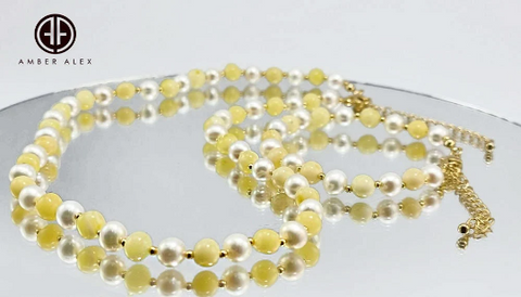 Milky Amber and Pearls Baroque Beads Necklace 14k Gold Plated