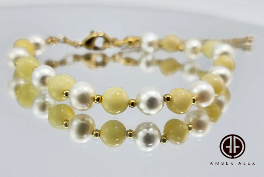 Milky Amber and Pearls Baroque Beads Necklace 14k Gold Plated