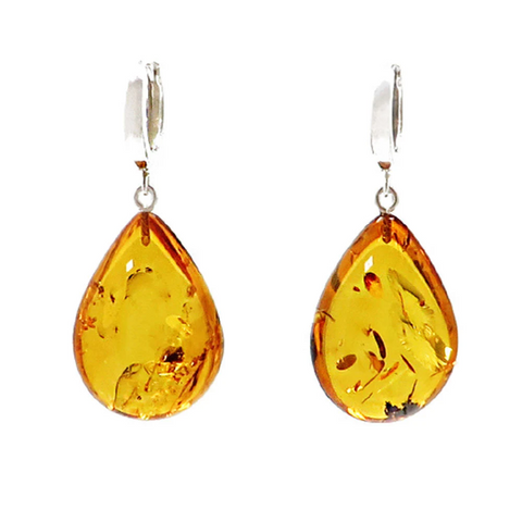 Cognac Amber Drop Dangle Earrings Sterling Silver