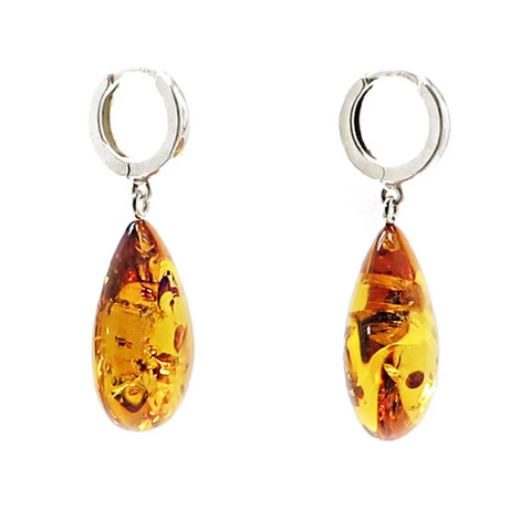 Cognac Amber Drop Dangle Earrings Sterling Silver