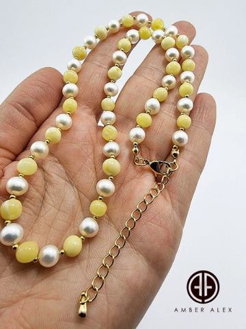 Milky Amber and Pearls Baroque Beads Necklace 14k Gold Plated