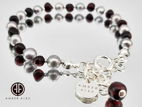 Cherry Amber And Pearls Baroque Beads Bracelet Sterling Silver