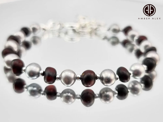 Cherry Amber And Pearls Baroque Beads Bracelet Sterling Silver