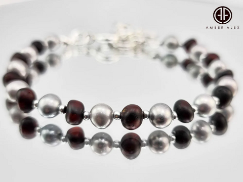 Cherry Amber And Pearls Baroque Beads Bracelet Sterling Silver