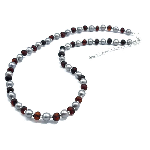 Cherry And Grey Amber And Pearls Baroque Beads Necklace