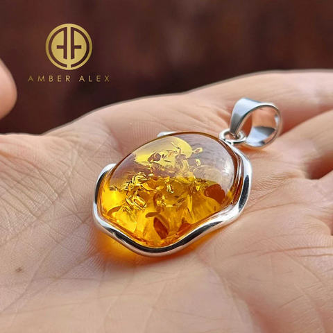 Cognac Amber Free Shape Pendant Sterling Silver