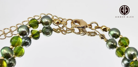 Green Amber And Pearls Baroque Beads Bracelet 14k Gold Plated