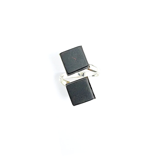 Black Amber Square Shape Adjustable Ring Sterling Silver