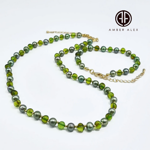 Green Amber & Pearls Baroque Beads Necklace 14k Gold Plated