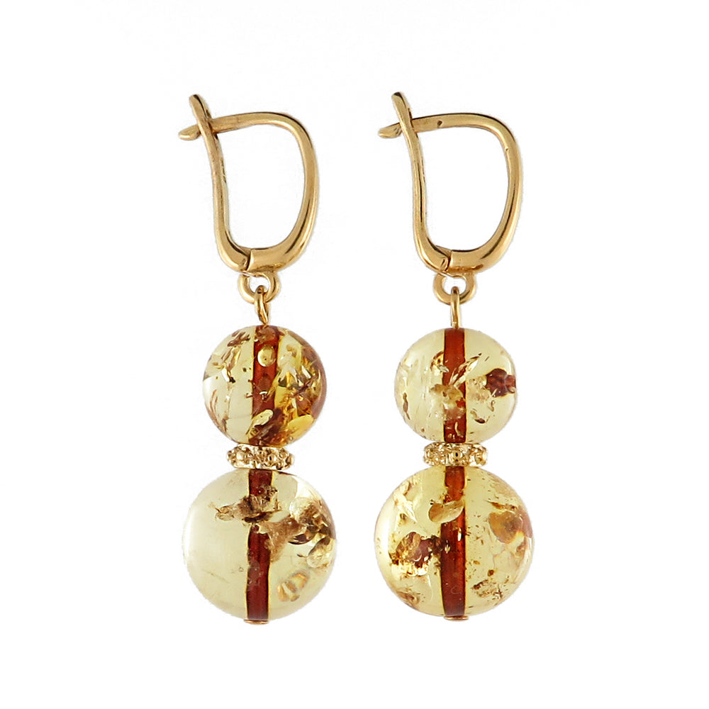 Lemon with Dark Flakes Amber Round Dangle Earrings 14K Gold Plated - Amber Alex Jewelry