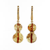 Lemon with Dark Flakes Amber Round Dangle Earrings 14K Gold Plated