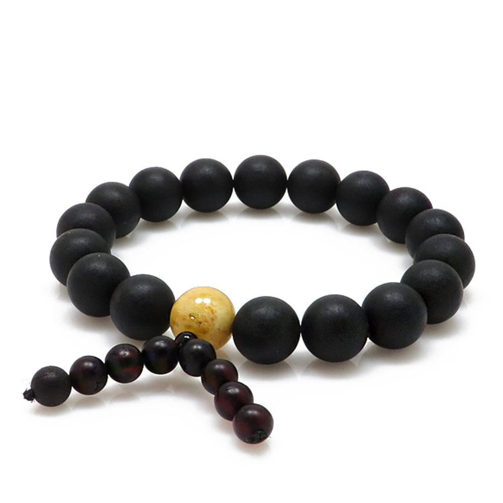 Black & White Amber Round Beads Buddhist Stretch Bracelet - Amber Alex Jewelry