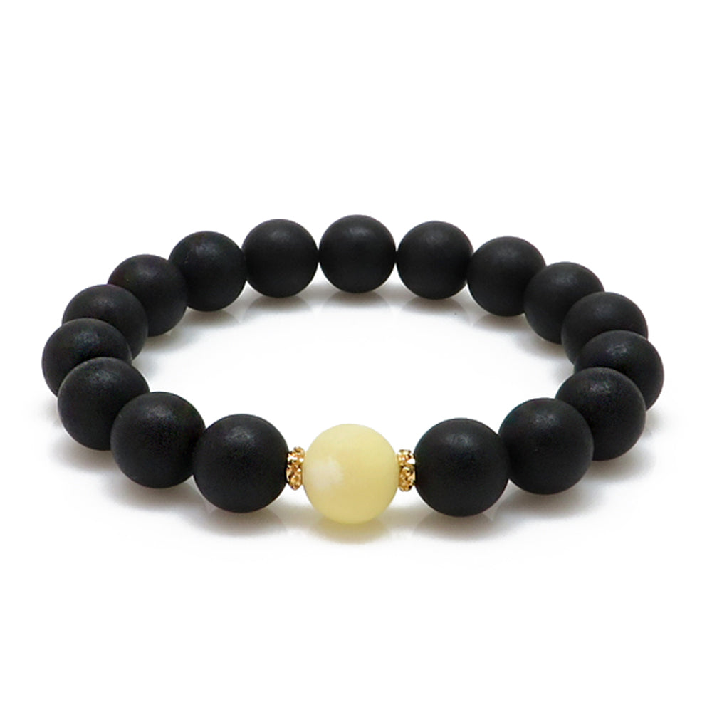 Black & White Amber Round Beads Stretch Bracelet - Amber Alex Jewelry