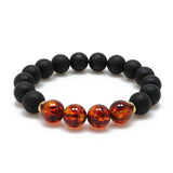 Black & Cognac Amber Round Beads Stretch Bracelet