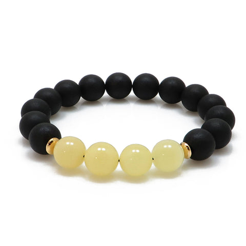 Black & White Amber Round Beads Stretch Bracelet - Amber Alex Jewelry