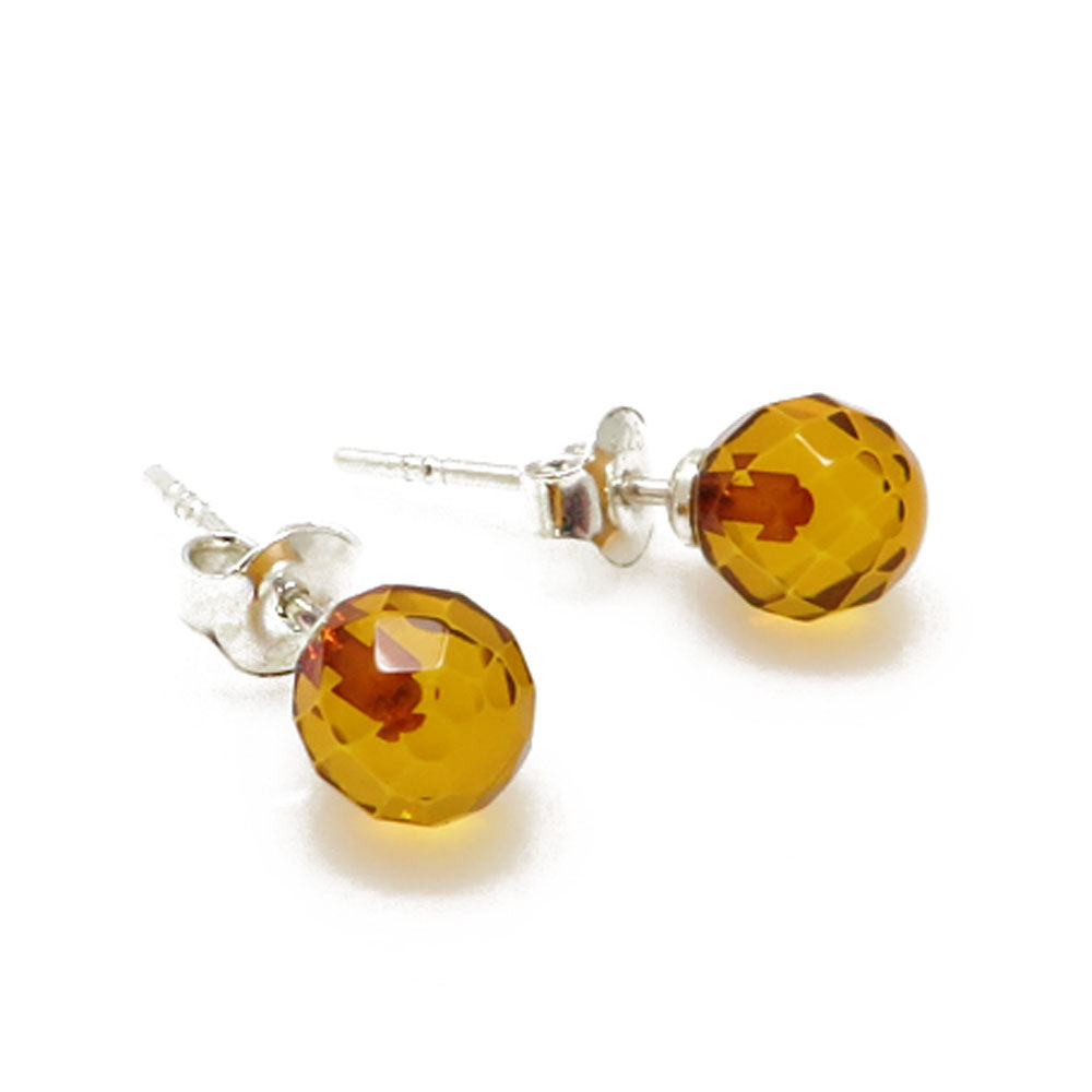 Cognac Amber Faceted Round Beads Stud Earrings Sterling Silver