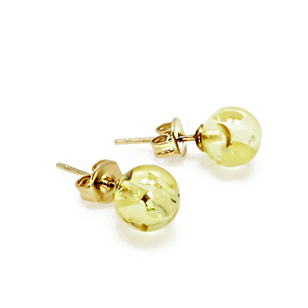 Lemon Amber Round Bead Stud Earrings 14K Gold Plated - Amber Alex Jewelry