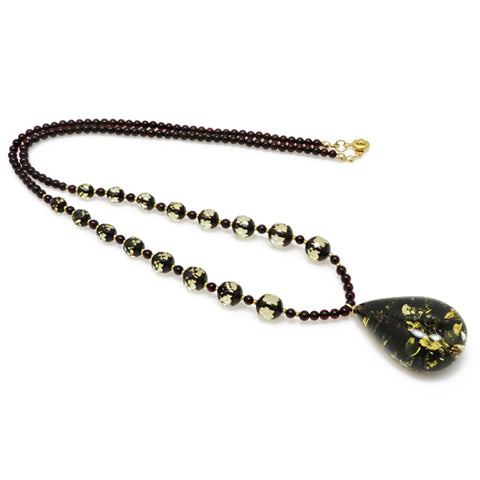 Earth Stone Amber Drop Pendant Beaded Necklace - Amber Alex Jewelry