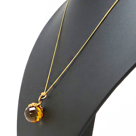 Cognac Amber Faceted Round Bead Pendant & Chain Necklace 14K Gold Plated