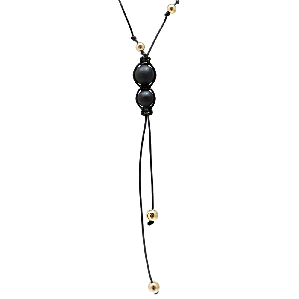 Black Amber Round Beads & Leather Adjustable Necklace - Amber Alex Jewelry