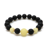 Black & White Amber Round Beads Stretch Bracelet 14K Gold Plated - Amber Alex Jewelry