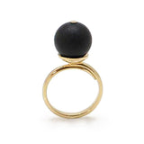 Black Amber Round Bead Adjustable Ring 14K Gold Plated
