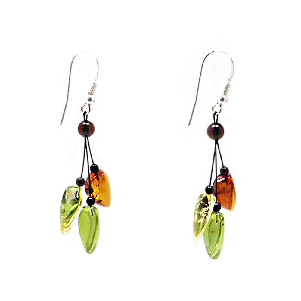 Night Magic Multi-Color Amber Leaves Dangle Earrings Sterling Silver - Amber Alex Jewelry