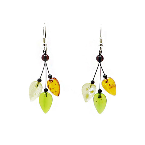 Night Magic Multi-Color Amber Leaves Dangle Earrings Sterling Silver - Amber Alex Jewelry