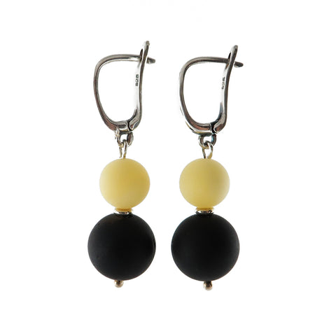 Black & White Amber Round Beads Dangle Earrings Sterling Silver - Amber Alex Jewelry