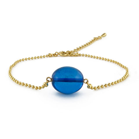 Blue Amber Olive Bead Chain Bracelet 14K Gold Plated