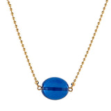 Blue Amber Olive Bead Pendant & Chain Necklace 14K Gold Plated