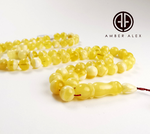 Yellow With White Amber Round Shape 8.5 mm Islamic Prayer Beads