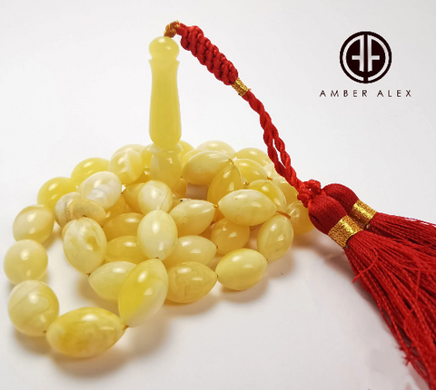 White With Yellow Amber Olive Shape 9mm Islamic Prayer Beads