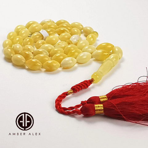 White With Yellow Amber Olive Shape 9mm Islamic Prayer Beads