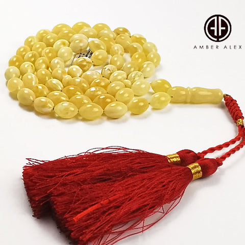 White With Yellow Amber Olive Shape 8.5mm Islamic Prayer Beads