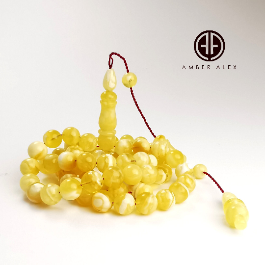 Yellow With White Amber Round Shape 8.5 mm Islamic Prayer Beads