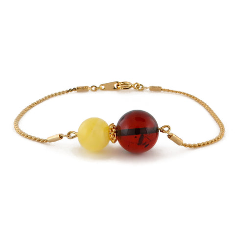 Cherry and Milky Amber Round Beads Chain Bracelet 14K Gold Plated - Amber Alex Jewelry