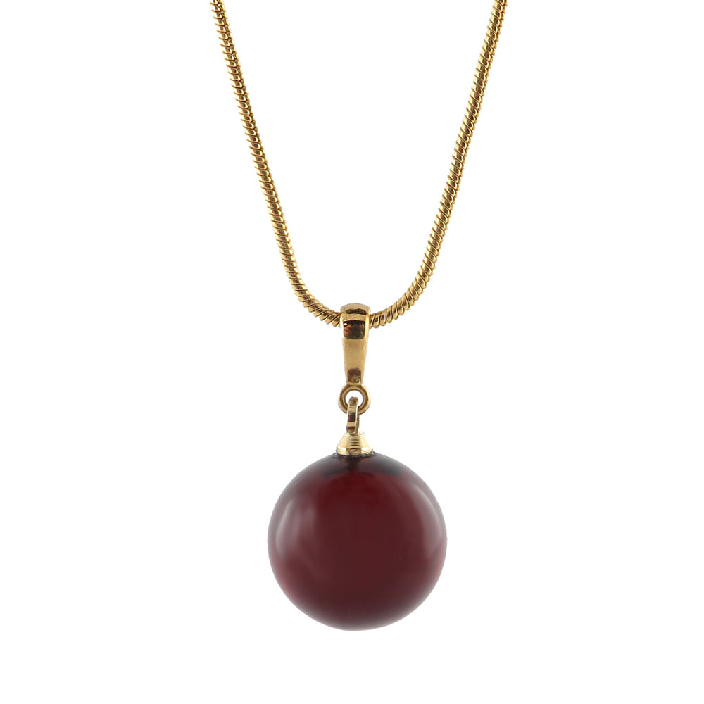 Cherry Amber Round Pendant & Chain Necklace 14K Gold Plated - Amber Alex Jewelry