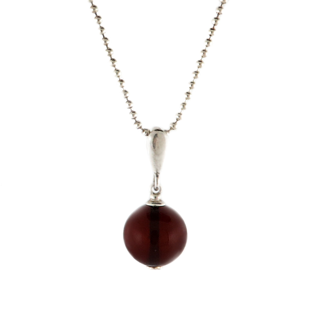 Cherry Amber Round Bead Pendant & Chain Necklace Sterling Silver - Amber Alex Jewelry