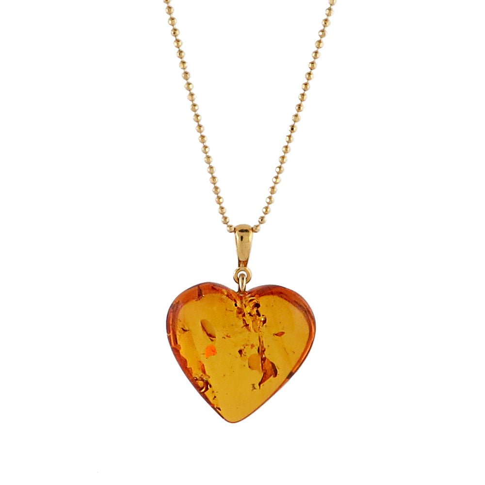 Cognac Amber Heart Pendant & Chain Necklace 14K Gold Plated - Amber Alex Jewelry