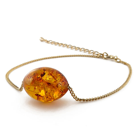 Cognac Amber Olive Bead Chain Bracelet 14K Gold Plated