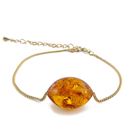 Cognac Amber Olive Bead Chain Bracelet 14K Gold Plated