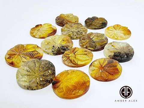 Fossil Amber Carved Leaf  Cabochons