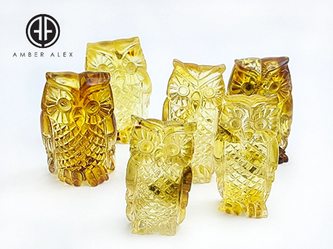 Natural Amber Carved Owls Figurine