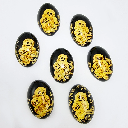 Cherry Amber Engraved Owls Oval Shape Cabochon