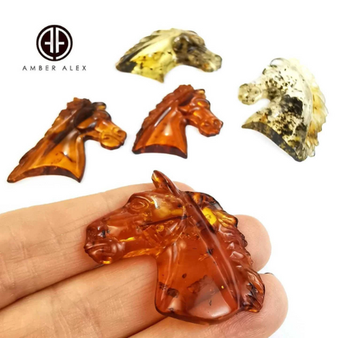 Cognac & Fossil Amber Carved Horses Cabochons